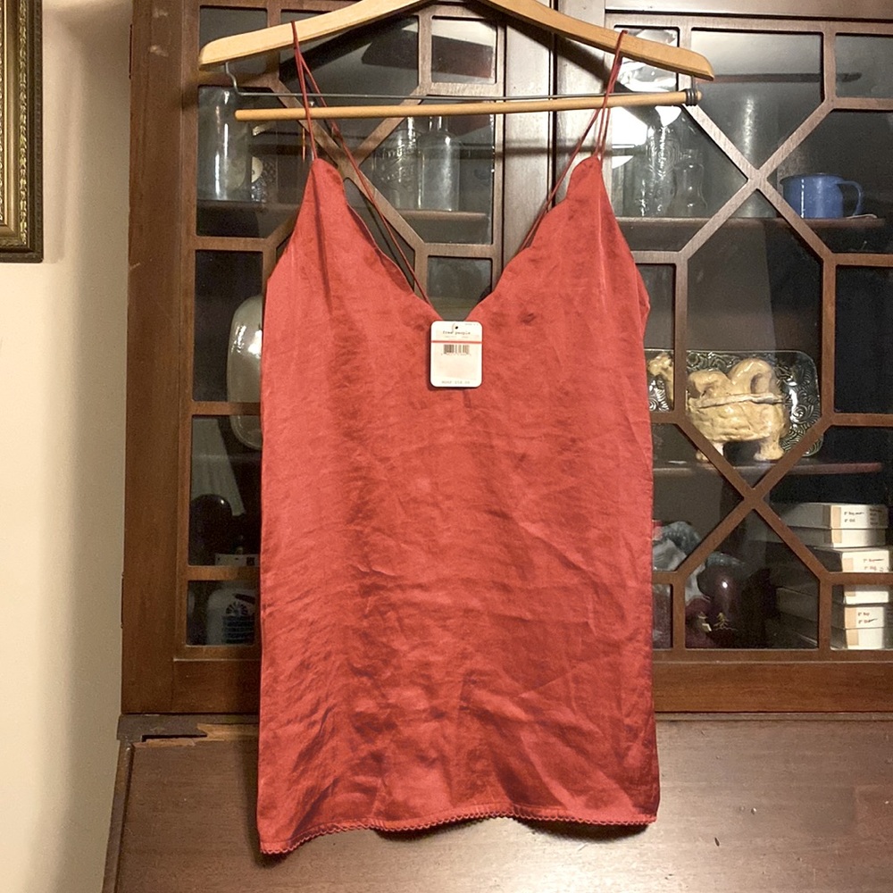 Free People sexy silk satin camisole with scalloped v neck top.